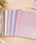 Five Pack Clear Front Report Covers With 3 Prong Fasteners for 8.5 by 11 letter paper, color backs on desk with laptop and coffee.