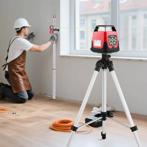 Heavy Duty 360 Degree Rotary Laser Level Kit With 2000 Ft Green Beam Self Leveling Transmitter on tripod in construction setting.