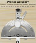 Professional Miter Gauge For Table Saw With Standard Three Quarters By Three Eighths Slot Rails shows precise angle adjustments with 27 locking stops.