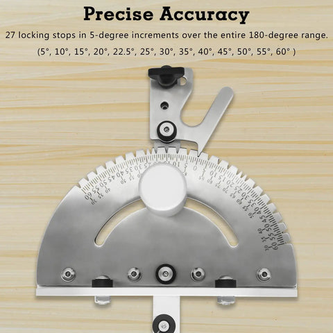 Professional Miter Gauge For Table Saw With Standard Three Quarters By Three Eighths Slot Rails shows precise angle adjustments with 27 locking stops.