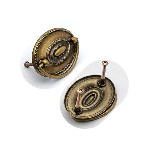 4 Pack Antique Brass Ring Pulls For Cabinets And Furniture, detailed view of vintage drawer handles with screws, bronze hardware