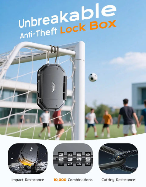Portable Travel Safe Lock Box With 4 Digit Combo Waterproof Durable Security Case hanging on soccer goal post
