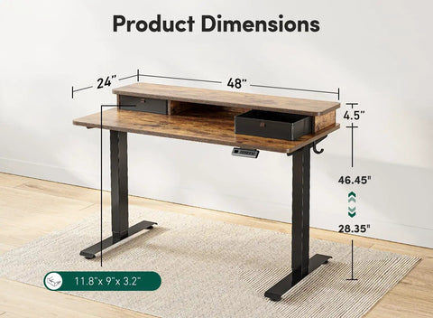 Height Adjustable Electric Standing Desk With Double Drawers And Storage Shelf 48 By 24 Inch Sit Stand Desk In Rustic Brown For Home