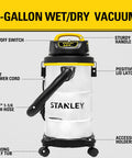 Front view of Beast Mode Suction 4 Peak HP Shop Vacuum Wet Dry 5 Gallon With Stainless Steel Drum 85 CFM Power in silver yellow black