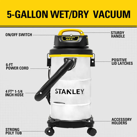 Front view of Beast Mode Suction 4 Peak HP Shop Vacuum Wet Dry 5 Gallon With Stainless Steel Drum 85 CFM Power in silver yellow black