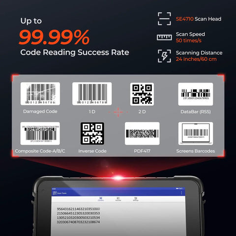 Demonstration of barcode scanning capability with Rugged Barcode Tablet With Zebra SE4710 Scanner, Android 14, 8GB RAM 128GB Storage.