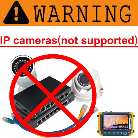 Warning sign indicating IP cameras are not supported by Portable 5 Inch CCTV Monitor And Camera Tester On The Go 4 In 1 8MP AHD TVI CVI CVBS 1080P Coaxial HD Video Tester With RS485 PTZ Control UTP Cable Test VGA And HDMI Input DC12V Output