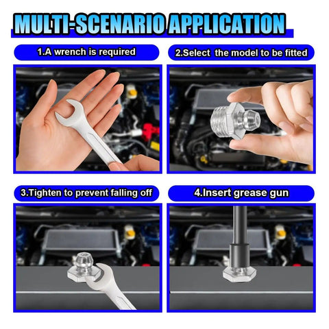 Steps showing 60 Piece SAE Grease Fittings Kit With Galvanized Zerk Fittings Assortment. Wrench use, fitting selection, and grease gun insertion.