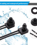 Five Pack 12V Waterproof Push Button Switches For RVs Motorcycles And Cars SPST On Off Leads At Four Point Five Inches For Quick Hookups Rectangular Base Seventeen By Fourteen Mm With A Three Eighth Inch Mount Hole Built Tough For DC Power Projects, waterproof closeup