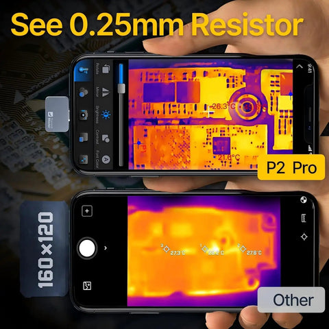Pocket Sized Android Thermal Imager With Macro Lens P2 Pro Infrared Camera 512x384 Resolution 15x Zoom Temperature Range From minus four to 1112 F Ultra Clear Heat Vision For Phone Razor X Engine showing heat vision in electronic components