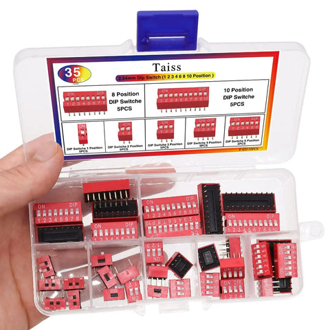 35 Piece Dip Switch Kit With Double Row On Off Slide Type Dip Switches 1 2 3 4 6 8 10 Position 2.54mm PCB Mountable Red
