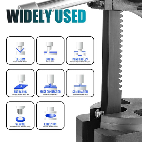 Image showing functions of the 3 Ton Arbor Press Manual Hand Operated Cast Iron Bench Top Press With 12 Inch Stroke for shaping and cutting.