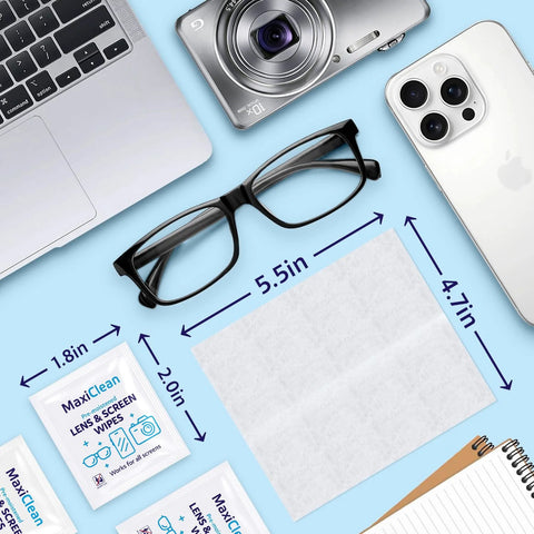 MaxiClean lens and screen wipes, 200 pre-moistened, individually wrapped for glasses and devices.