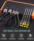 All In One 8 Piece 7 Inch Snap Ring Pliers Kit With Straight And 90 Degree Internal External Pliers Plus 4 Precision Hooks For Fast Ring Removal Pro Grade Heavy Duty Circlip Pliers Set For Automotive And DIY Projects displayed with black and orange storage case.