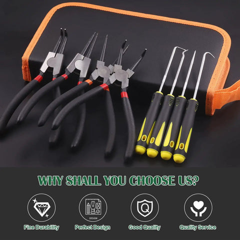 All In One 8 Piece 7 Inch Snap Ring Pliers Kit With Straight And 90 Degree Internal External Pliers Plus 4 Precision Hooks For Fast Ring Removal Pro Grade Heavy Duty Circlip Pliers Set For Automotive And DIY Projects displayed with black and orange storage case.