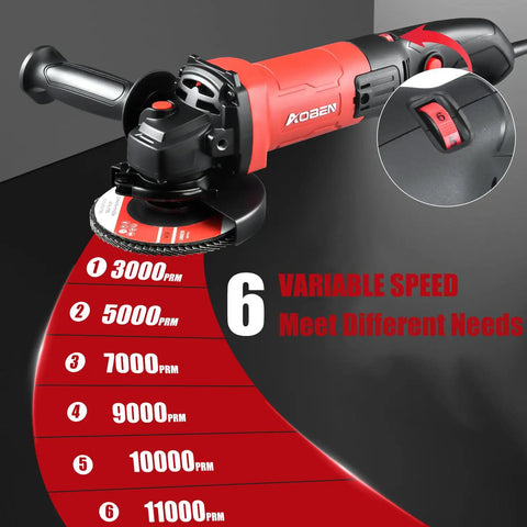 Beefy 900W Angle Grinder With 4-1/2 Inch Disc, 11,000 RPM, 6-speed control, lock switch close-up for DIY projects and metal work