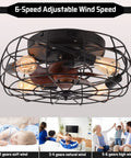 Space Saving 20 Inch Cage Ceiling Fan Light With Remote Control Low Profile Recessed Fixture Six Speed Wind Dope Industrial Matte Black Finish With Wood Grain Blades 4 E26 Bulb Base Perfect For Living Room Bedroom Dining Room