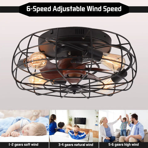 Space Saving 20 Inch Cage Ceiling Fan Light With Remote Control Low Profile Recessed Fixture Six Speed Wind Dope Industrial Matte Black Finish With Wood Grain Blades 4 E26 Bulb Base Perfect For Living Room Bedroom Dining Room