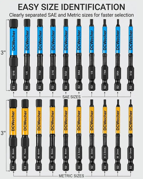 Heavy Duty Pro Grade 3 Inch Impact Hex Bit Set With 20 Pieces Metric And SAE Allen Wrenches, S2 Steel Bits with size chart