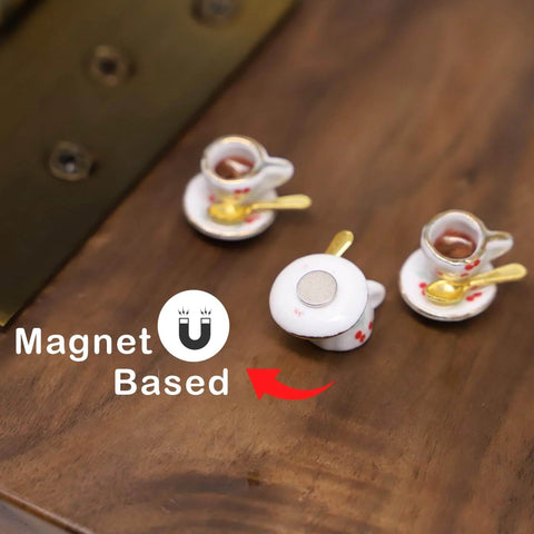 Whimsical Cherries Floral Tea Cup And Coffee Set With Magnetic Hinge Topper For Doors, Miniature Ceramic Figurine Door Decor