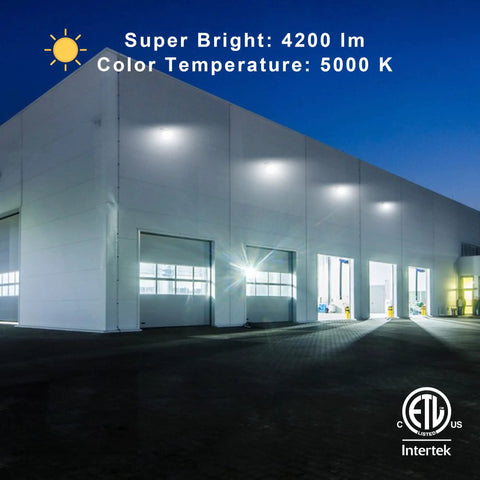 Full Cut Off LED Wall Pack 70W Outdoor Flood Light Delivers 8,400 Lumens At 5000K A Real Power Move Replacing 400W HPS HID IP65 Waterproof Exterior Fixture For High Efficiency And Daylight White Glow illuminating a large warehouse exterior