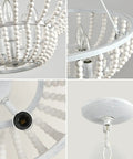 Close-up of 5 light beaded chandelier with rustic white wood beads farmhouse boho ceiling light fixture for boho ambiance