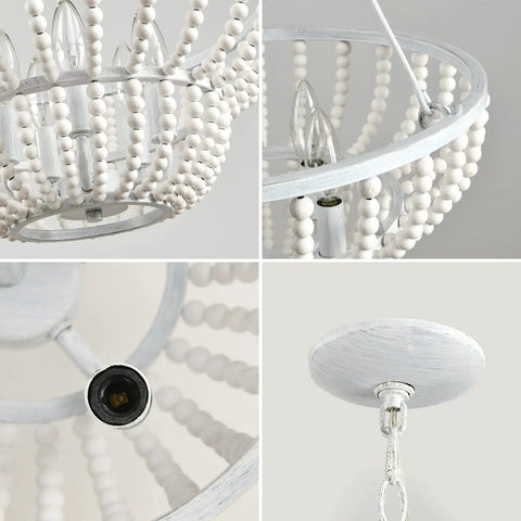 Close-up of 5 light beaded chandelier with rustic white wood beads farmhouse boho ceiling light fixture for boho ambiance