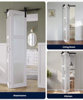 72 Inch By 84 Inch Bifold Barn Door With Frosted Glass Hardware Kit Included Pre Drilled Holes No Fuss Easy Assembly White Waterproof PVC Coated Solid Slab Space Saving Design For Laundry Room Pantry Closet Kitchen And More installed in washroom, living room, and kitchen
