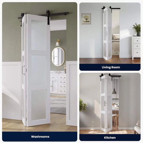 Space Saving Bifold Barn Door 28 Inch by 84 Inch Frosted Glass With Hardware Kit Included White PVC Surface in washrooms, living room, kitchen
