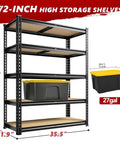 Beefy 2400 Lbs Garage Shelving System With 5 Adjustable Tiers Heavy Duty Storage Shelves Utility Rack, 72 Inch High, Black