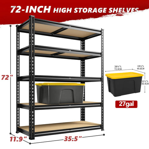 Beefy 2400 Lbs Garage Shelving System With 5 Adjustable Tiers Heavy Duty Storage Shelves Utility Rack, 72 Inch High, Black