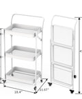 Foldable 3 Tier Rolling Cart With Handle No Assembly Required Heavy Duty Metal Utility Trolley On Wheels White Dimensions Shown