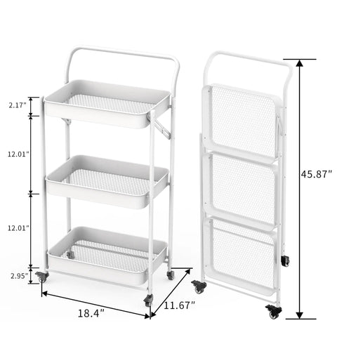 Foldable 3 Tier Rolling Cart With Handle No Assembly Required Heavy Duty Metal Utility Trolley On Wheels White Dimensions Shown