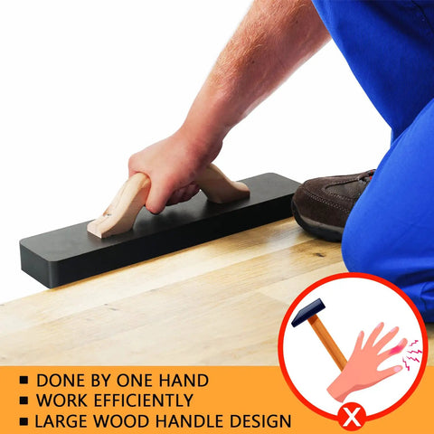 Heavy Duty Tapping Block For Wood Floor Installations, 2.7 lb weight, 15-1/2 inch length. Hand using mallet-free block on flooring.