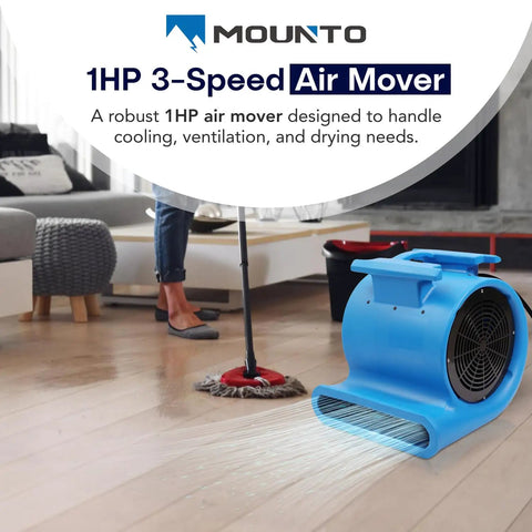 Blue 1HP 3-Speed Air Mover drying a hardwood floor near a mop in a living room, highlighting Powerful 1HP 4000+ CFM 3-Speed Air Mover.