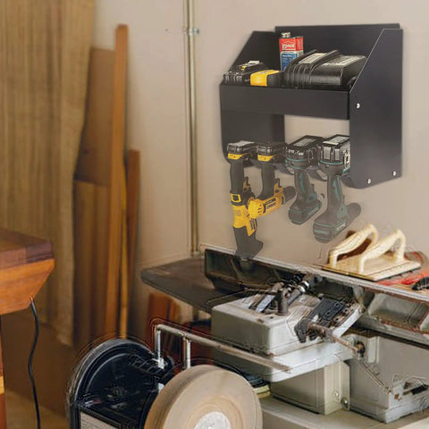 Heavy Duty Power Tool Rack for Electric Drill Wall Mount Organizer in garage with drills, batteries, and tools stored neatly.