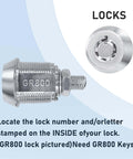 Close-up of GR800 lock for Speed Queen coin laundry machines, showing lock number for use with set of five replacement keys.