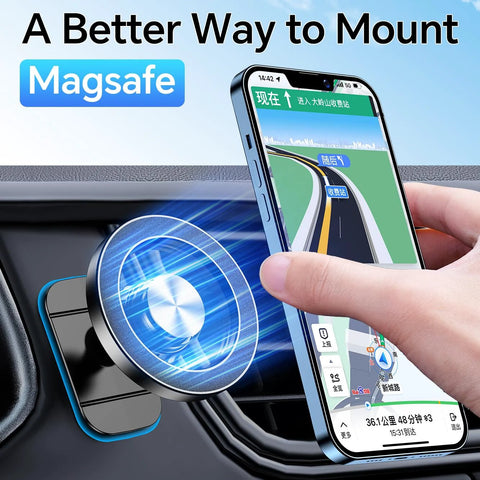 Kaistyle MagSafe car mount with 20 strong magnets holding an iPhone on the car dash.