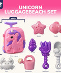 Unicorn Themed Rolling Sand Toy Suitcase For Kids with molds and tools including starfish, seafish, and watering can, shown in pink.