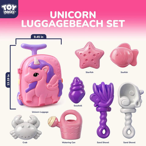 Unicorn Themed Rolling Sand Toy Suitcase For Kids with molds and tools including starfish, seafish, and watering can, shown in pink.