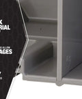 Beefy 5 Gang Multi Mount Device Box With Depth Adjustable For Horizontal And Vertical Installations, Heavy Duty 42lb Gray, Removable Nail Tabs For Metal Stud Mounting, Top Blocks For Secure Vertical Placement, Interior Mounting Blocks, gray low-voltage box close-up