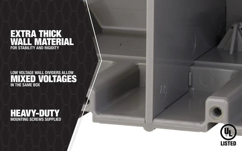 Beefy 5 Gang Multi Mount Device Box With Depth Adjustable For Horizontal And Vertical Installations, Heavy Duty 42lb Gray, Removable Nail Tabs For Metal Stud Mounting, Top Blocks For Secure Vertical Placement, Interior Mounting Blocks, gray low-voltage box close-up