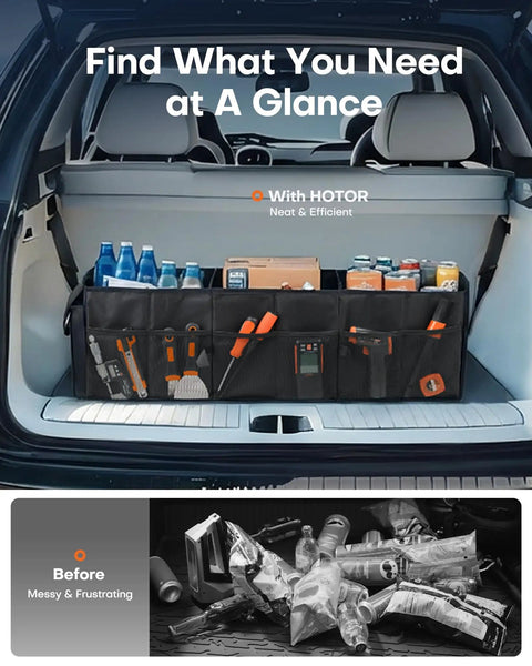 Foldable Car Trunk Organizer With Three Compartments And Six Mesh Pockets, Heavy Duty Storage For SUVs And Sedans