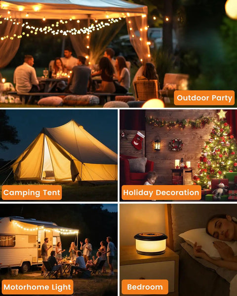 Retractable 32.8 Feet RGB Camping String Lights With Rechargeable LED Fairy Lights Outdoor Waterproof Portable Lantern For Tent Patio Garden And RV Essentials 19 Color Modes Including 4 Music Synced 8 Dynamic And 7 Static For Lit Camp Vibes in various outdoor and indoor settings.