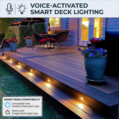 Low Voltage LED Deck Lights 30 Pack RGBW Smart WiFi Recessed Step Lights For Under Deck And Walkway IP67 Waterproof Outdoor Lighting Kit No Hub Needed Voice Control With Alexa And Google Assistant illuminating wooden deck steps with planters and chairs at dusk.