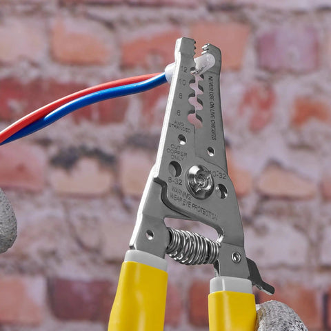 Close-up of 7 Inch Wire Stripper And Cutter Tool For 6 To 12 AWG Stranded Wire Crimping Pliers For 8 32 And 10 32 Screws in use