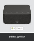 Slick Plug And Play Usb C Laptop Docking Station With Dual Screen Support And Five High Speed Ports Noise Canceling Speakerphone Bluetooth Link For Windows Or Mac Teams Ready Graphite Desktop Hub from the front with controls and logo