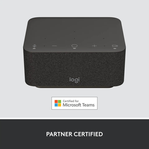 Slick Plug And Play Usb C Laptop Docking Station With Dual Screen Support And Five High Speed Ports Noise Canceling Speakerphone Bluetooth Link For Windows Or Mac Teams Ready Graphite Desktop Hub from the front with controls and logo