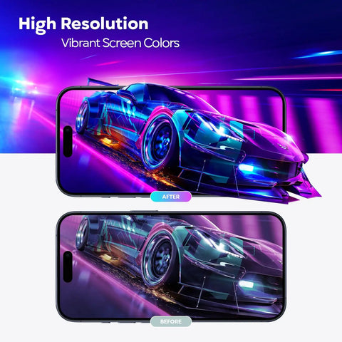 Before and after comparison of iPhone 15 Pro Max 6.7 Inch Screen Replacement Kit With 3D Touch Digitizer Assembly showing vibrant display.