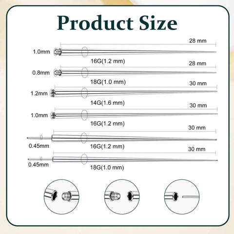 Stainless Steel Piercing Taper Grabber Tool Kit size chart showing various gauges for 16G and 18G flat back earrings and pins.